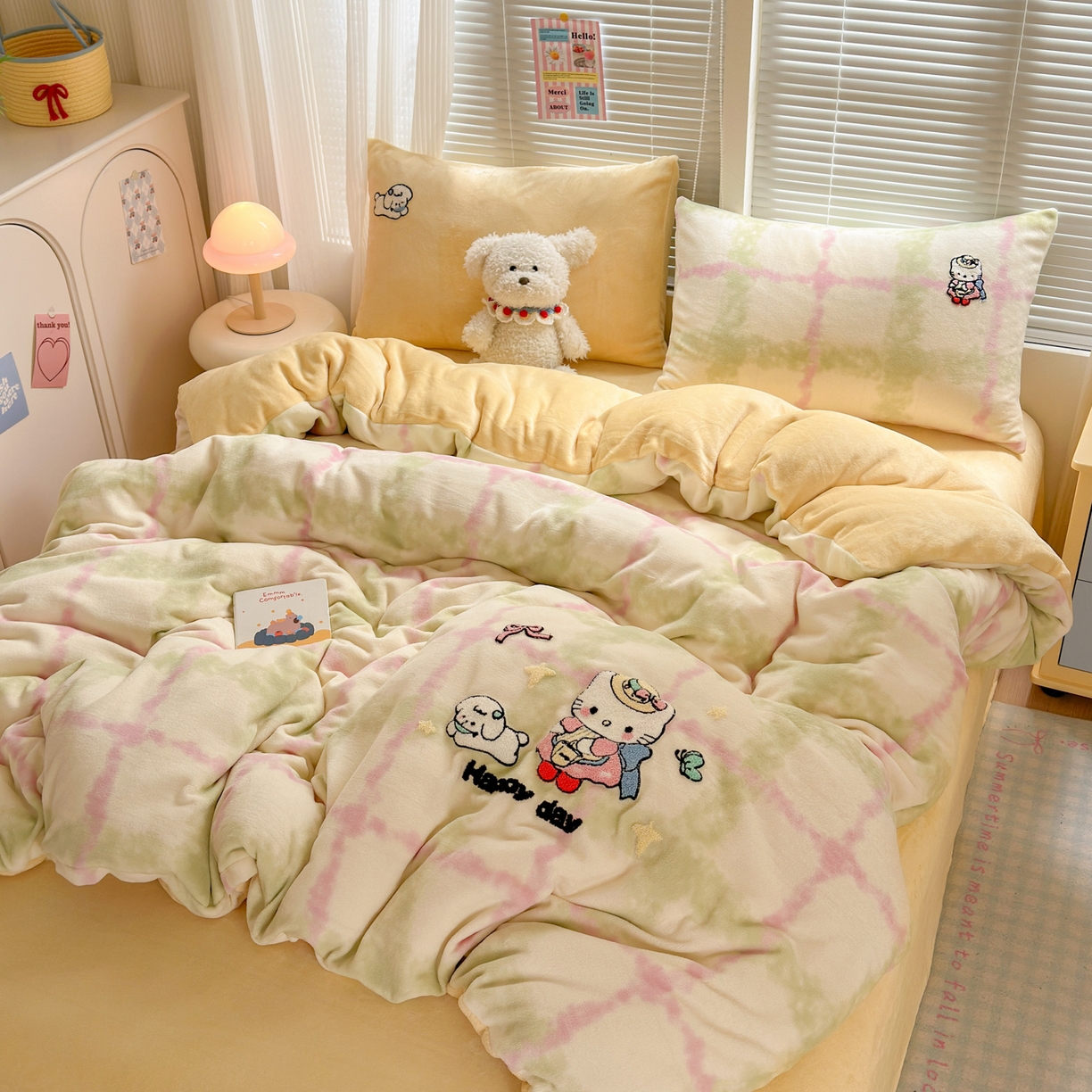 91家纺网 家纺一手货源 找家纺 一霖家纺 2025新款小清新牛奶绒毛巾绣四件套-第一波 元气小猫