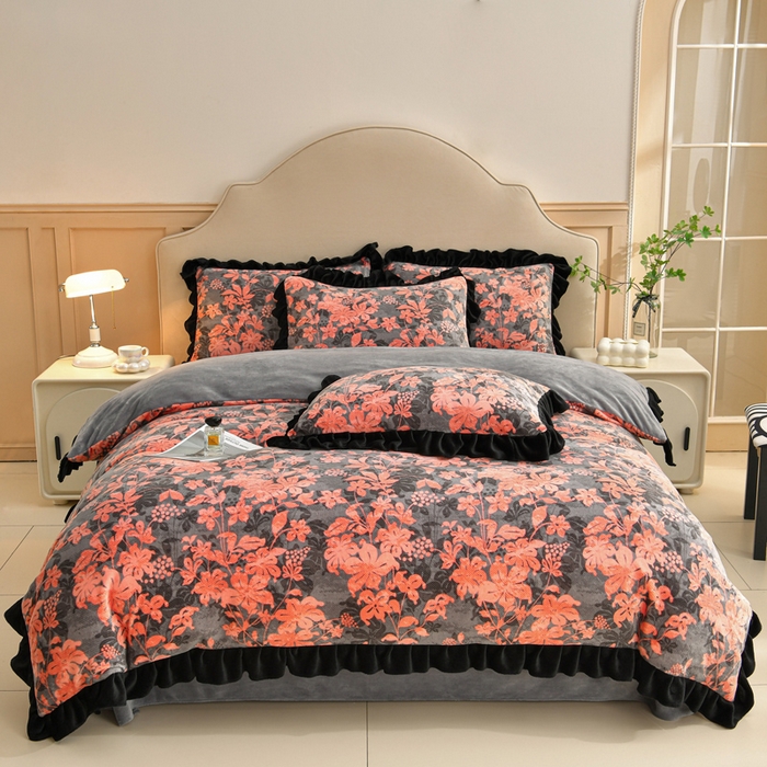 91家纺网 家纺一手货源 找家纺 曼尼 2025新款韩版花边牛奶绒四件套 韩版-慕夏