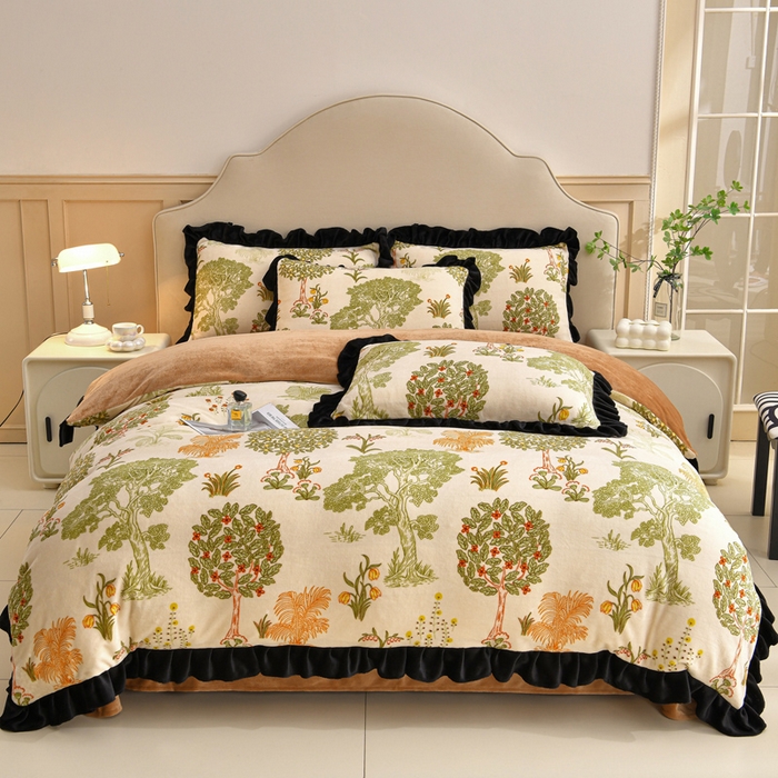 91家纺网 家纺一手货源 找家纺 曼尼 2025新款韩版花边牛奶绒四件套 韩版-发财树