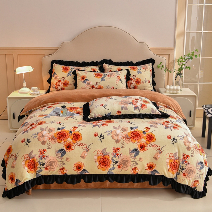 91家纺网 家纺一手货源 找家纺 曼尼 2025新款韩版花边牛奶绒四件套 韩版-情调