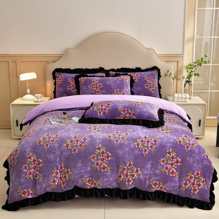 91家纺网 家纺一手货源 找家纺 曼尼 2025新款韩版花边牛奶绒四件套 韩版-小雏菊