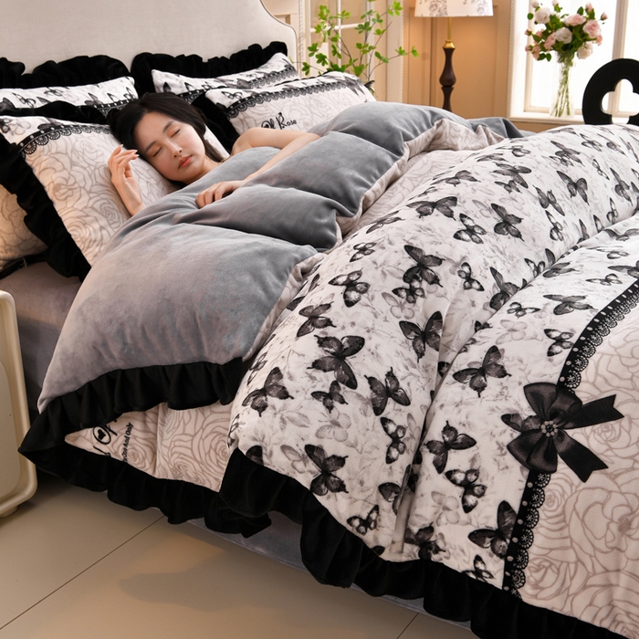 91家纺网 家纺一手货源 找家纺 曼尼 2025新款韩版花边牛奶绒四件套 韩版-蝴蝶结