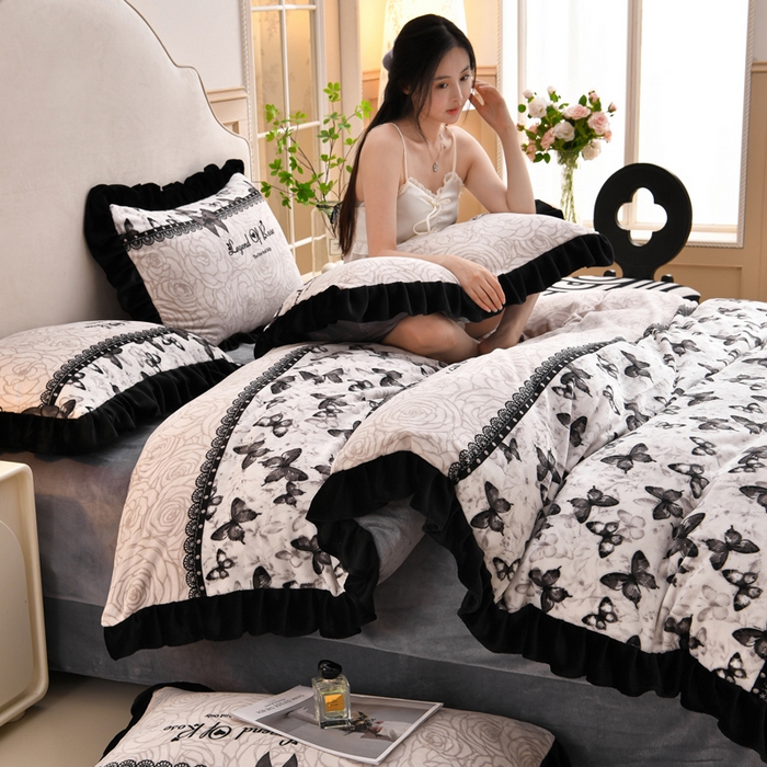 91家纺网 家纺一手货源 找家纺 曼尼 2025新款韩版花边牛奶绒四件套 韩版-蝴蝶结