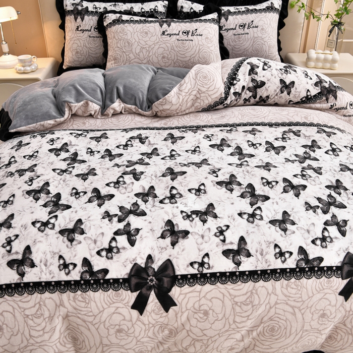 91家纺网 家纺一手货源 找家纺 曼尼 2025新款韩版花边牛奶绒四件套 韩版-蝴蝶结