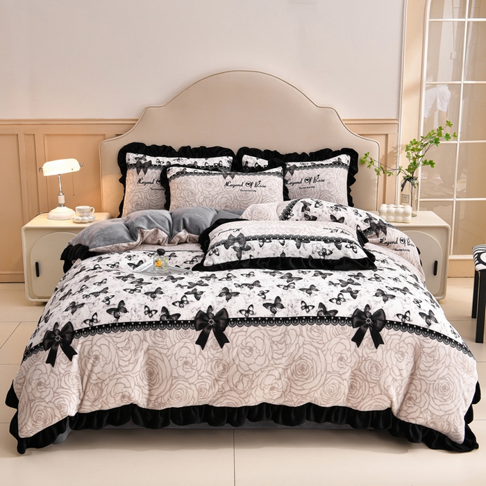 91家纺网 家纺一手货源 找家纺 曼尼 2025新款韩版花边牛奶绒四件套 韩版-蝴蝶结