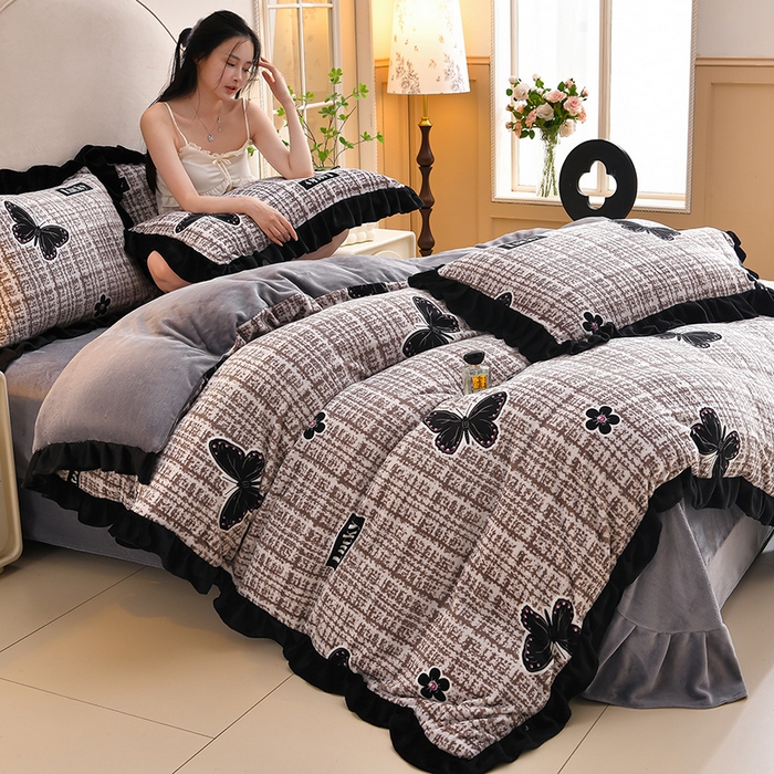 曼尼 2025新款韩版花边牛奶绒四件套 韩版-时尚蝴蝶