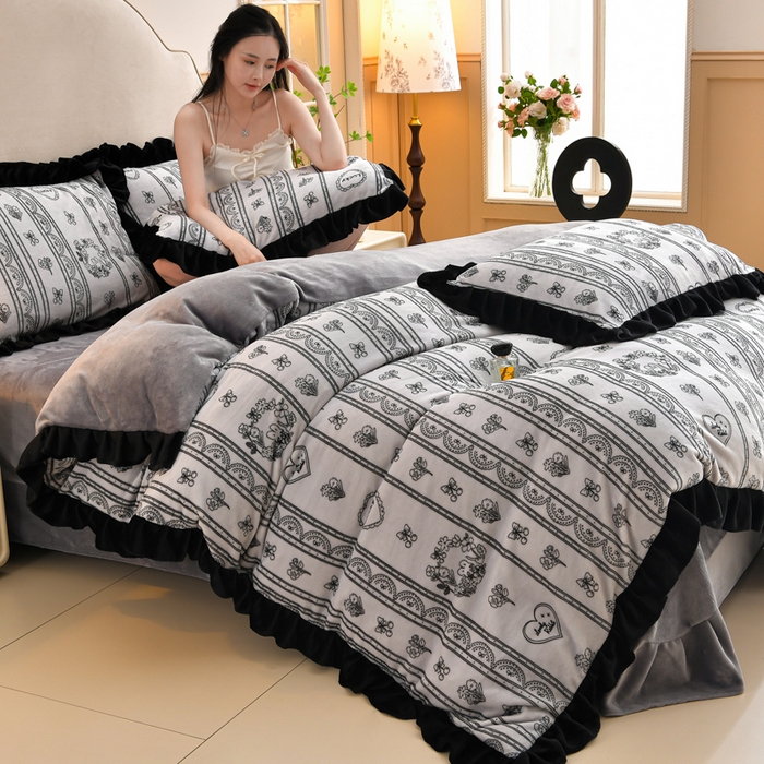 曼尼 2025新款韩版花边牛奶绒四件套 韩版-英伦时尚