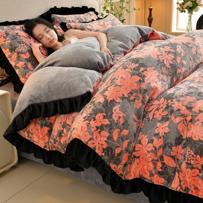 91家纺网 家纺一手货源 找家纺 曼尼 2025新款韩版花边牛奶绒四件套 韩版-慕夏