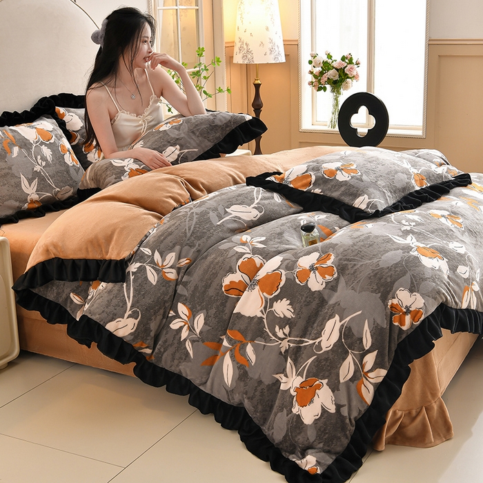 曼尼 2025新款韩版花边牛奶绒四件套 韩版-花漾