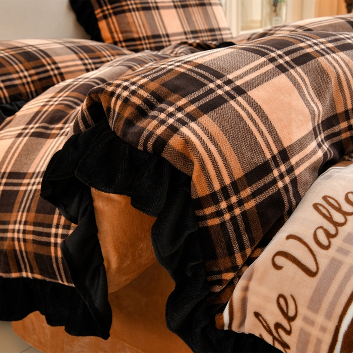 91家纺网 家纺一手货源 找家纺 曼尼 2025新款韩版花边牛奶绒四件套 韩版-咖色格子