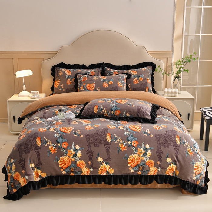 91家纺网 家纺一手货源 找家纺 曼尼 2025新款韩版花边牛奶绒四件套 韩版-夕颜