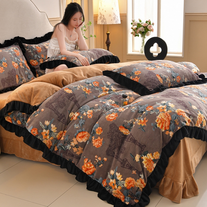 曼尼 2025新款韩版花边牛奶绒四件套 韩版-夕颜