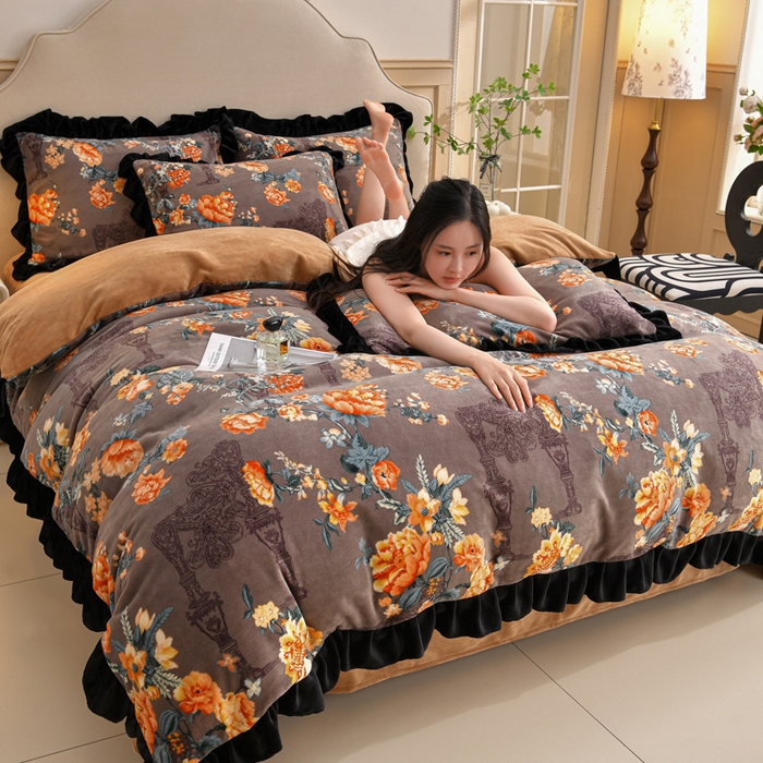 91家纺网 家纺一手货源 找家纺 曼尼 2025新款韩版花边牛奶绒四件套 韩版-夕颜