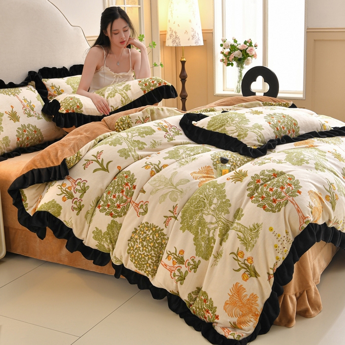 曼尼 2025新款韩版花边牛奶绒四件套 韩版-发财树