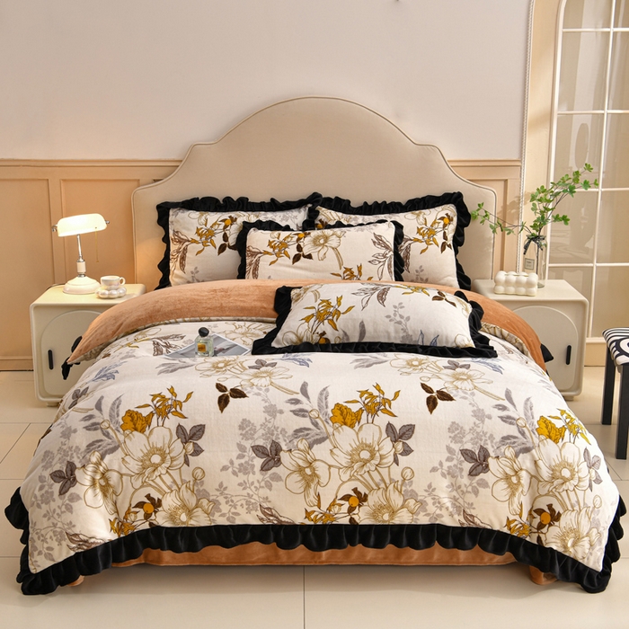 91家纺网 家纺一手货源 找家纺 曼尼 2025新款韩版花边牛奶绒四件套 韩版-雅韵