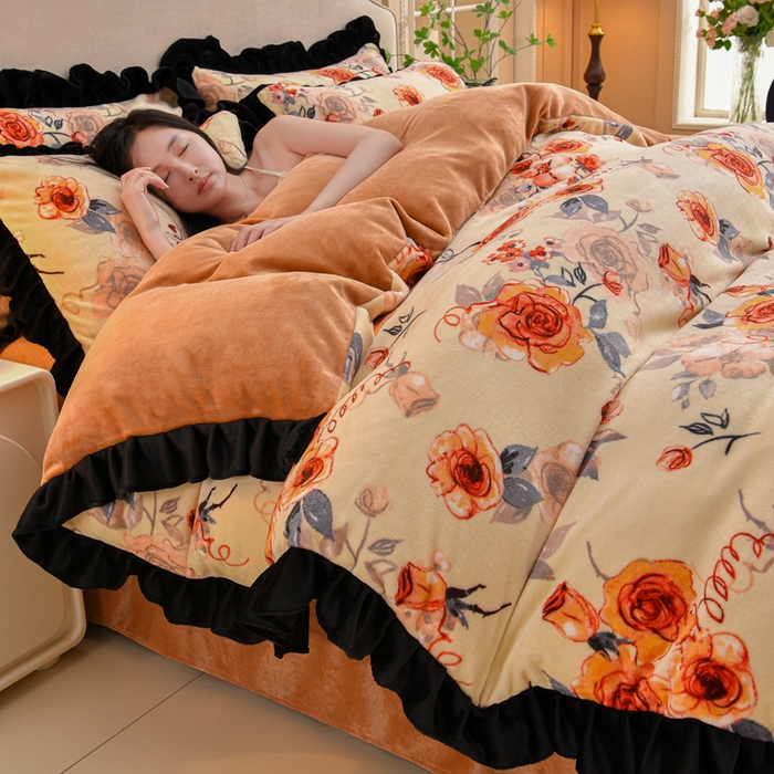 91家纺网 家纺一手货源 找家纺 曼尼 2025新款韩版花边牛奶绒四件套 韩版-情调