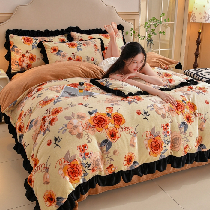 91家纺网 家纺一手货源 找家纺 曼尼 2025新款韩版花边牛奶绒四件套 韩版-情调