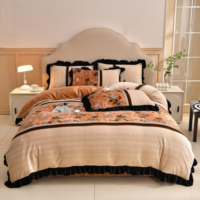 91家纺网 家纺一手货源 找家纺 曼尼 2025新款韩版花边牛奶绒四件套 韩版-开枝散叶