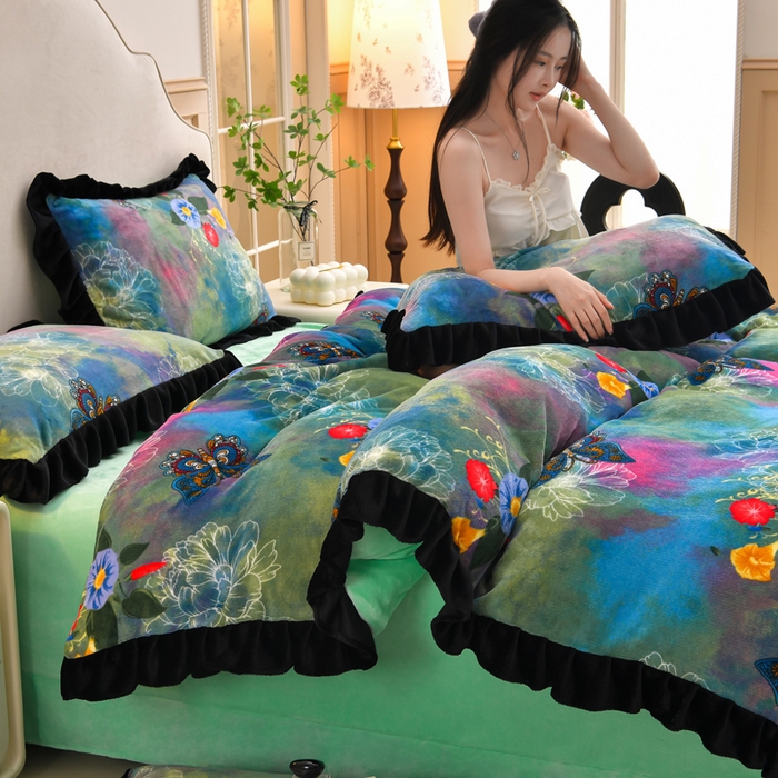 91家纺网 家纺一手货源 找家纺 曼尼 2025新款韩版花边牛奶绒四件套 韩版-幻影蝴蝶