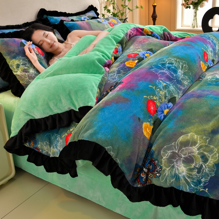 91家纺网 家纺一手货源 找家纺 曼尼 2025新款韩版花边牛奶绒四件套 韩版-幻影蝴蝶