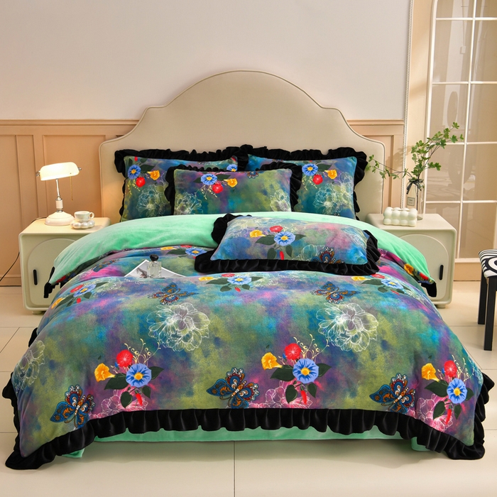 91家纺网 家纺一手货源 找家纺 曼尼 2025新款韩版花边牛奶绒四件套 韩版-幻影蝴蝶