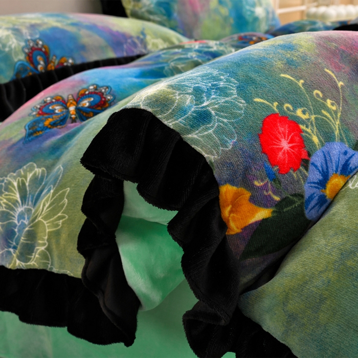 91家纺网 家纺一手货源 找家纺 曼尼 2025新款韩版花边牛奶绒四件套 韩版-幻影蝴蝶