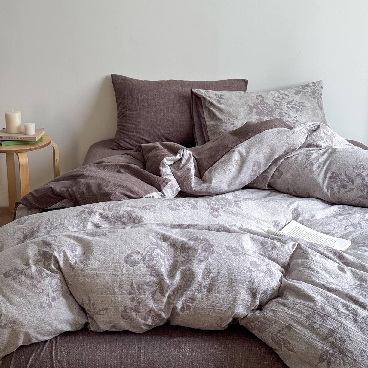 优贝家纺 秋冬新品加厚高克重原麻复古水洗亚麻棉麻皱皱纱印花四件套 风木槿-咖 