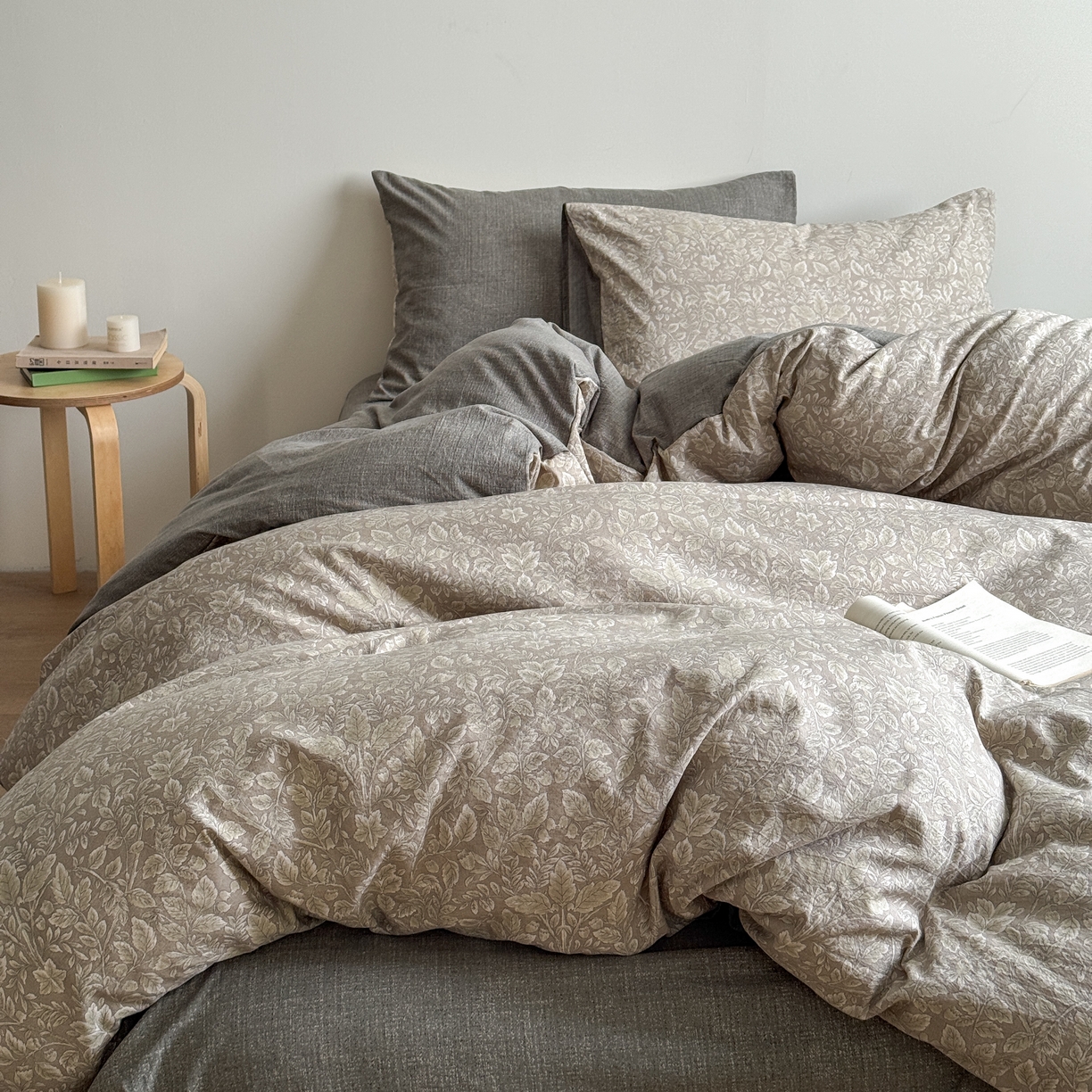 优贝家纺 秋冬新品加厚高克重原麻复古水洗亚麻棉麻皱皱纱印花四件套 古奈-绿