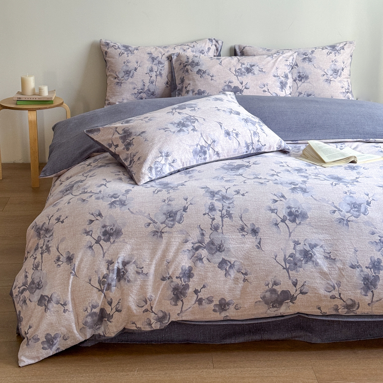 91家纺网 家纺一手货源 找家纺 优贝家纺 秋冬新品加厚高克重原麻复古水洗亚麻棉麻皱皱纱印花四件套 慕雪-灰