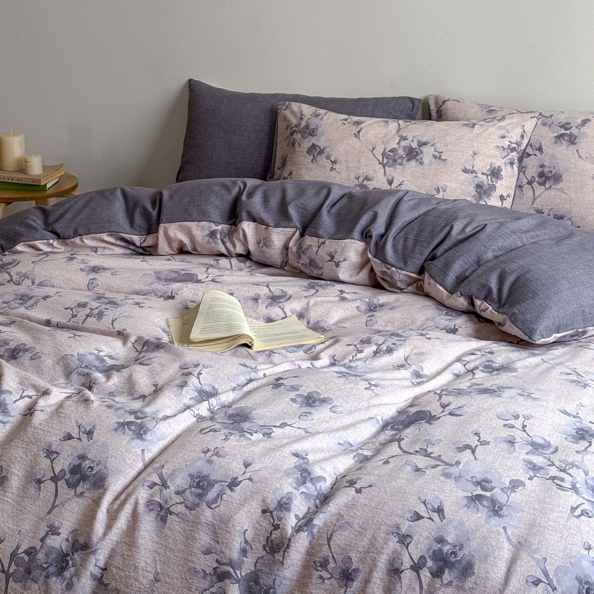 91家纺网 家纺一手货源 找家纺 优贝家纺 秋冬新品加厚高克重原麻复古水洗亚麻棉麻皱皱纱印花四件套 慕雪-灰