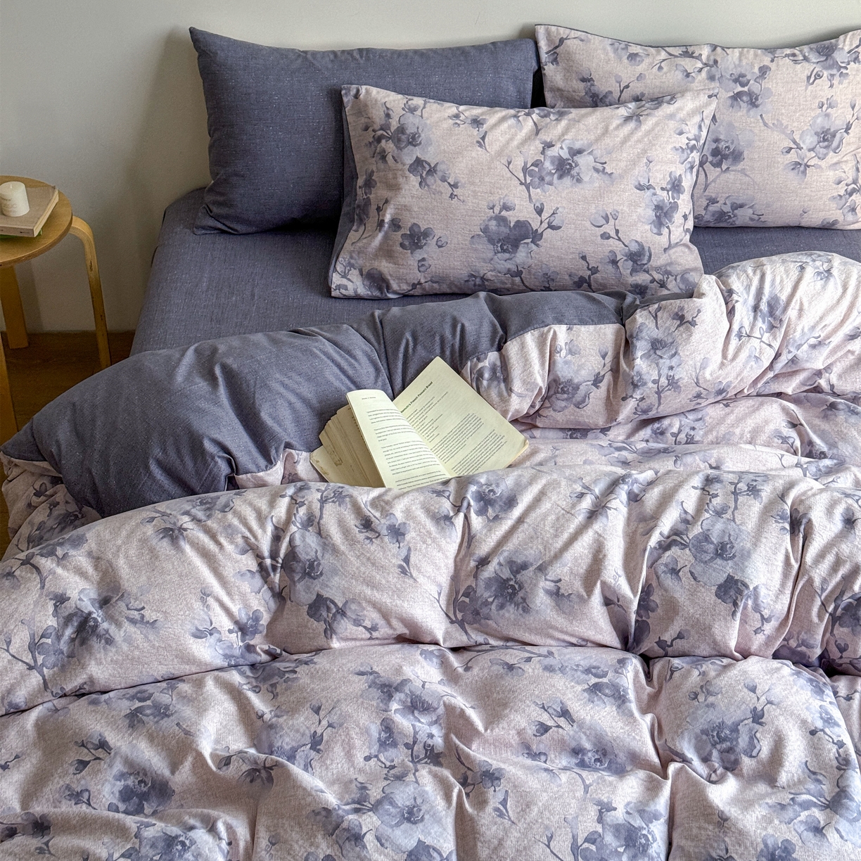 91家纺网 家纺一手货源 找家纺 优贝家纺 秋冬新品加厚高克重原麻复古水洗亚麻棉麻皱皱纱印花四件套 慕雪-灰