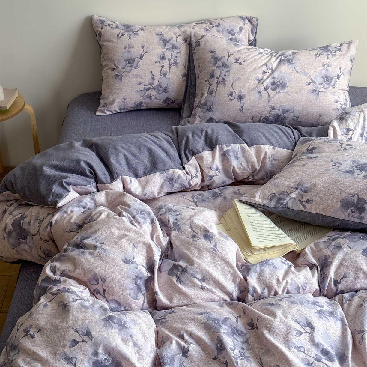 91家纺网 家纺一手货源 找家纺 优贝家纺 秋冬新品加厚高克重原麻复古水洗亚麻棉麻皱皱纱印花四件套 慕雪-灰