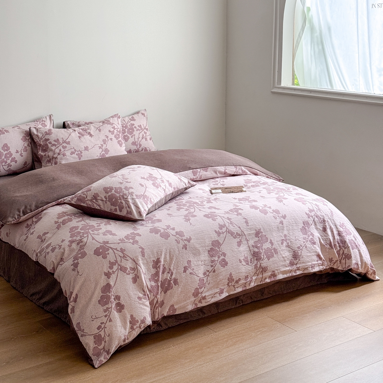 91家纺网 家纺一手货源 找家纺 优贝家纺 秋冬新品加厚高克重原麻复古水洗亚麻棉麻皱皱纱印花四件套 花颜