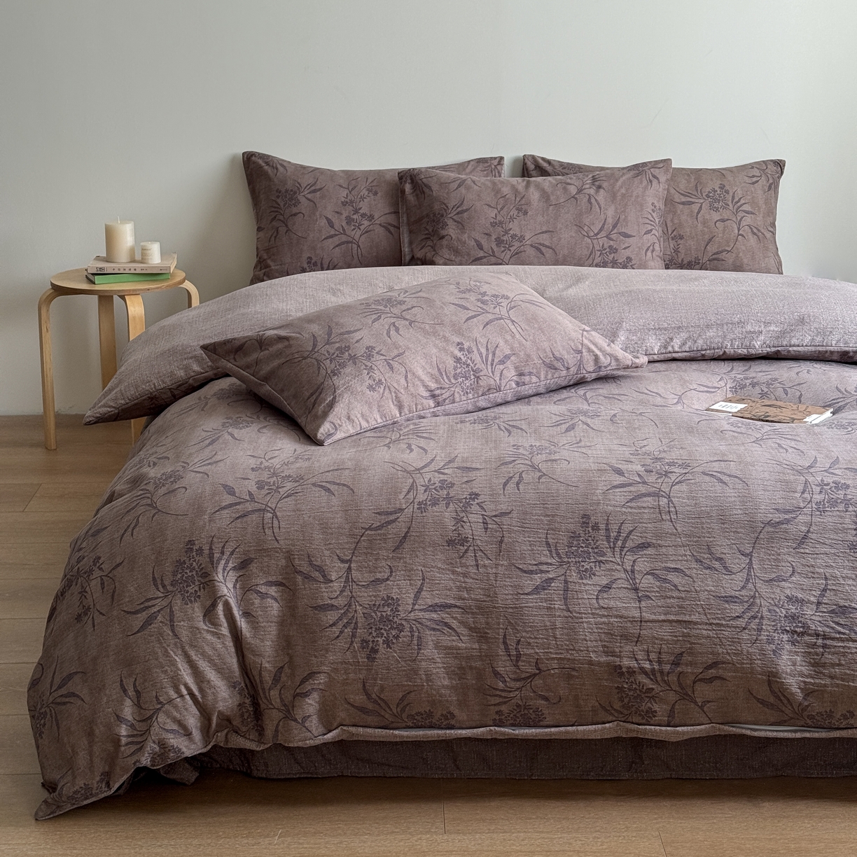 91家纺网 家纺一手货源 找家纺 优贝家纺 2025秋冬新品加厚高克重原麻复古水洗亚麻棉麻皱皱纱印花四件套 玉茗