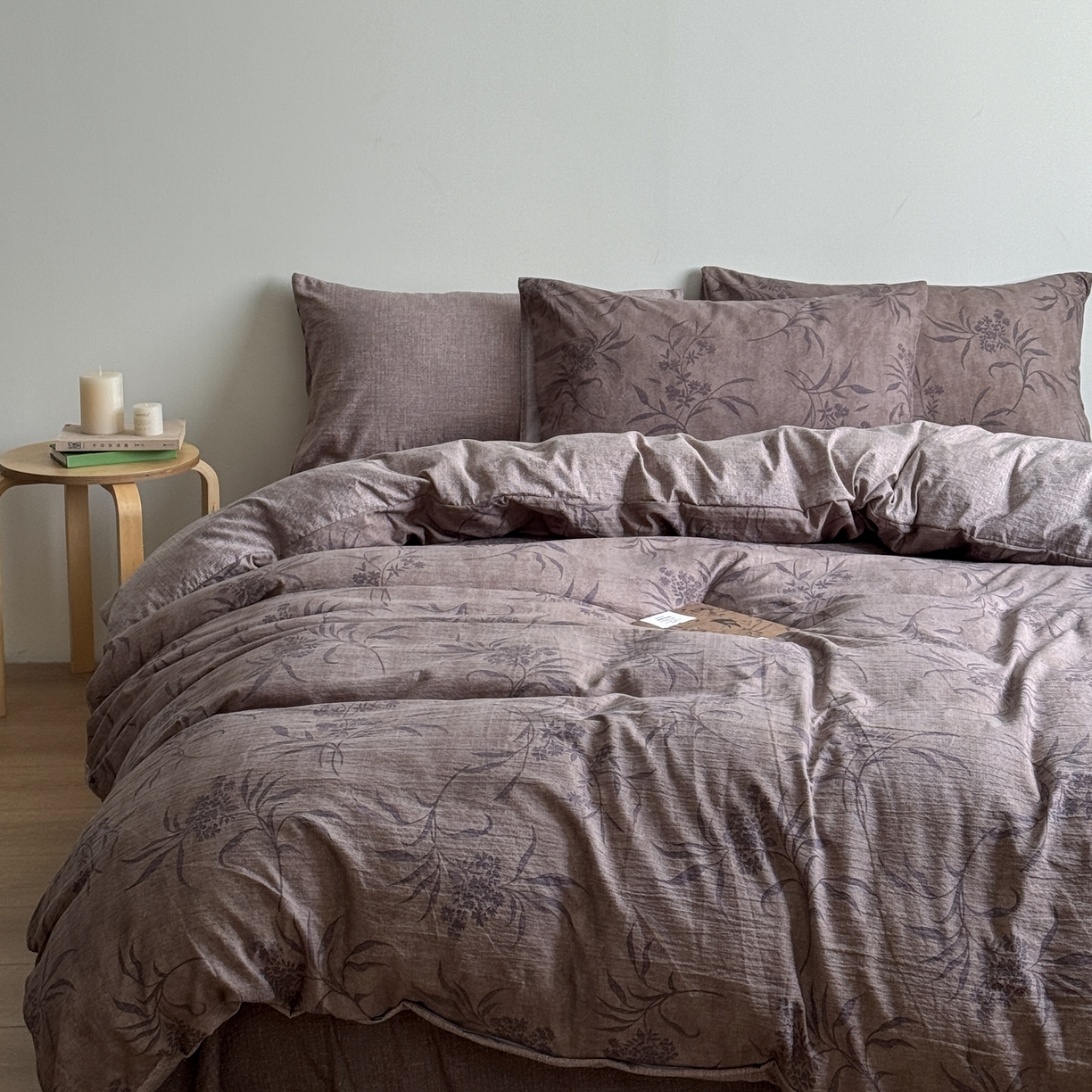 91家纺网 家纺一手货源 找家纺 优贝家纺 2025秋冬新品加厚高克重原麻复古水洗亚麻棉麻皱皱纱印花四件套 玉茗