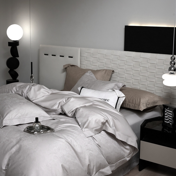 91家纺网 家纺一手货源 找家纺 淳绵家居 2025新款50*50S长绒棉贡缎提花手工立体埋绳工艺四件套（礼盒包装）洛奇-高级灰