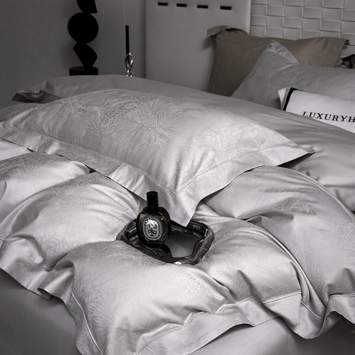 淳绵家居 2025新款50*50S长绒棉贡缎提花手工立体埋绳工艺四件套（礼盒包装）洛奇-高级灰