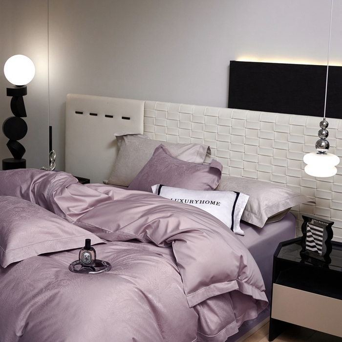 91家纺网 家纺一手货源 找家纺 淳绵家居 2025新款50*50S长绒棉贡缎提花手工立体埋绳工艺四件套（礼盒包装）洛奇-莫奈紫