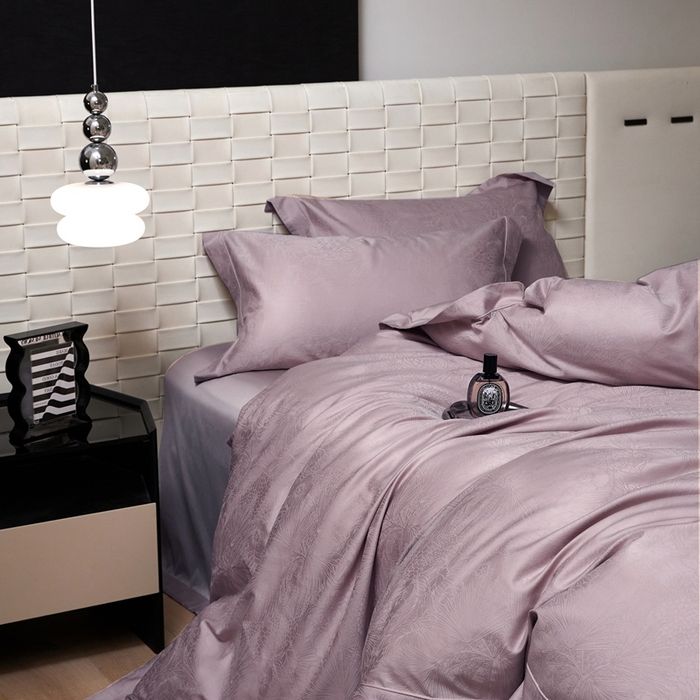 91家纺网 家纺一手货源 找家纺 淳绵家居 2025新款50*50S长绒棉贡缎提花手工立体埋绳工艺四件套（礼盒包装）洛奇-莫奈紫