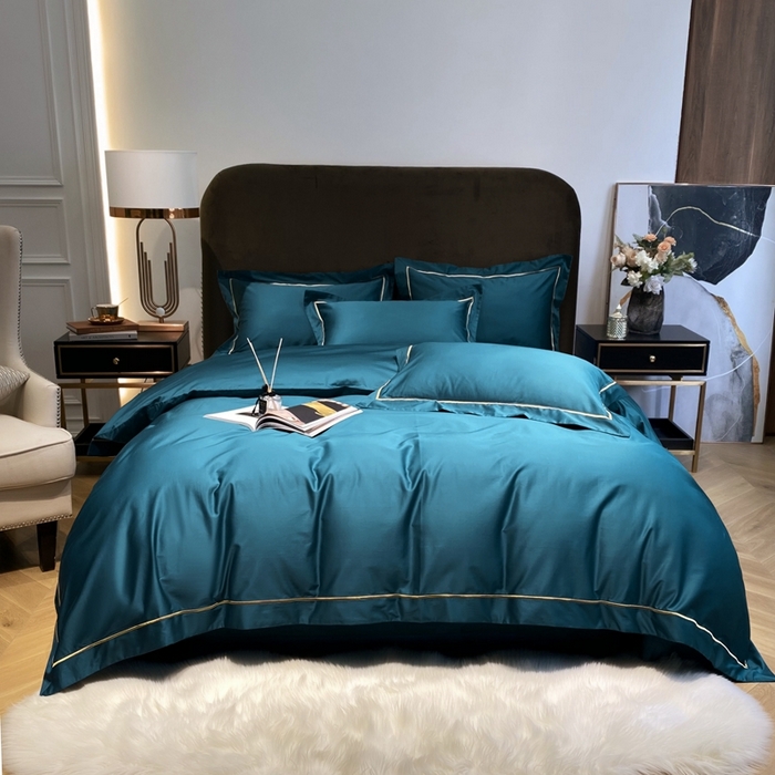 南泉坊 2025新款50支纯棉贡缎四件套 湖蓝