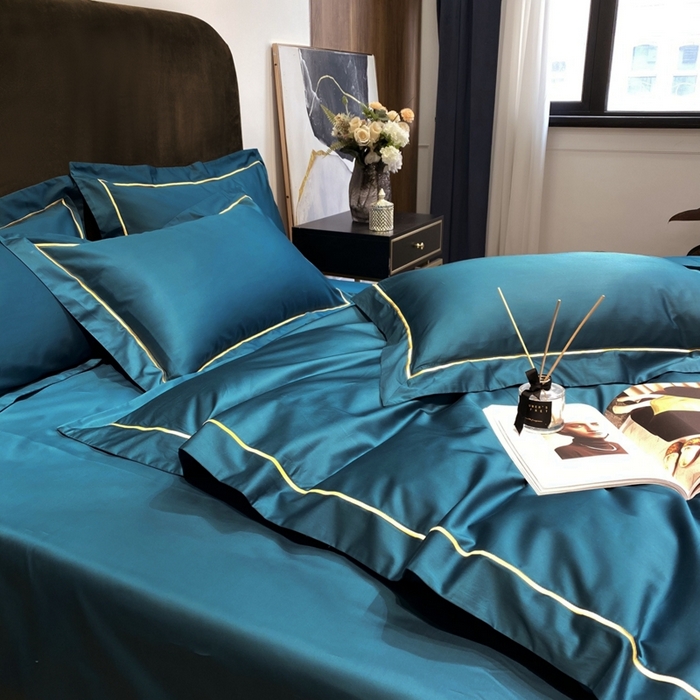 91家纺网 家纺一手货源 找家纺 南泉坊 2025新款50支纯棉贡缎四件套 湖蓝