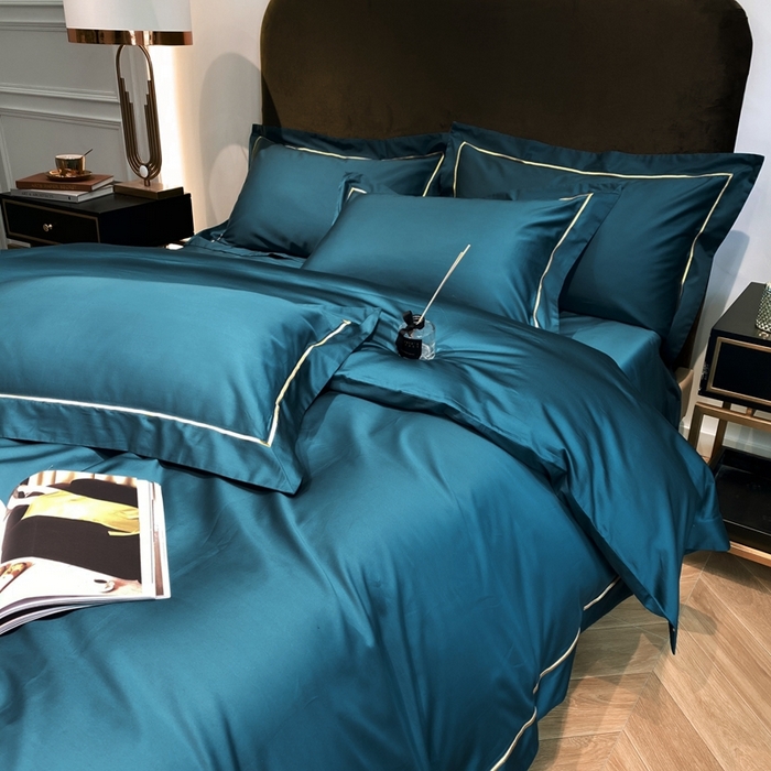 91家纺网 家纺一手货源 找家纺 南泉坊 2025新款50支纯棉贡缎四件套 湖蓝