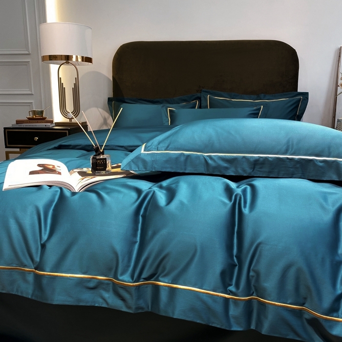 91家纺网 家纺一手货源 找家纺 南泉坊 2025新款50支纯棉贡缎四件套 湖蓝