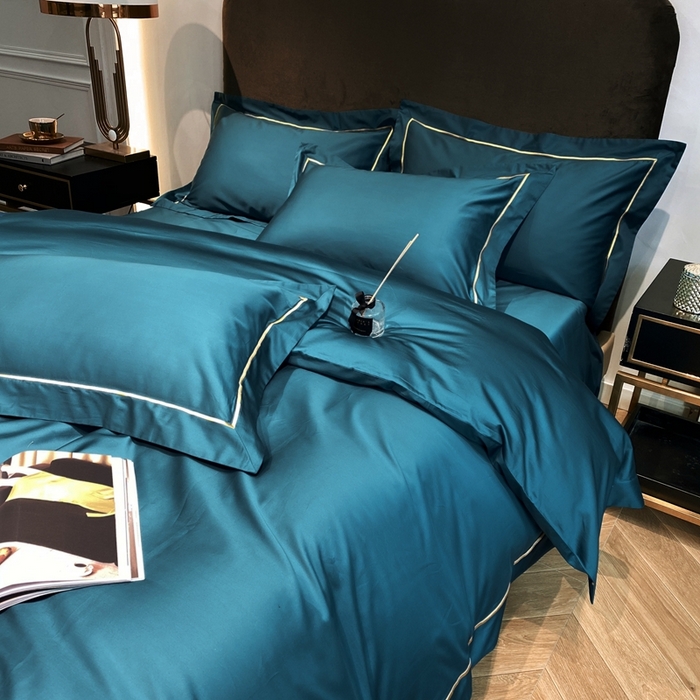 91家纺网 家纺一手货源 找家纺 南泉坊 2025新款50支纯棉贡缎四件套 湖蓝