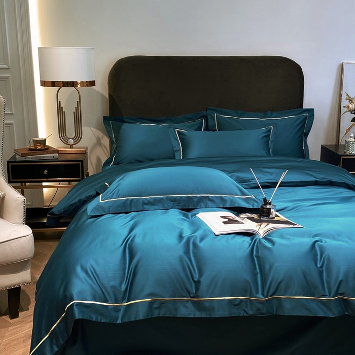 91家纺网 家纺一手货源 找家纺 南泉坊 2025新款50支纯棉贡缎四件套 湖蓝