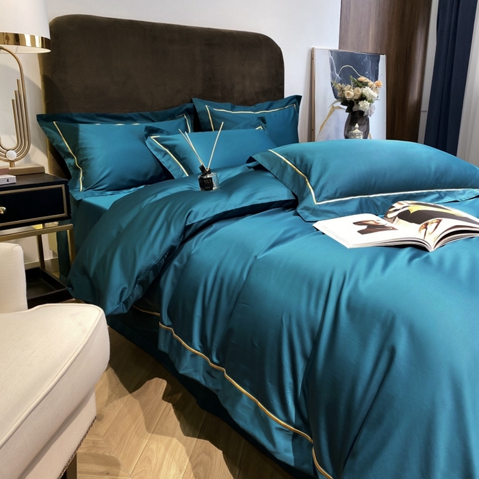 91家纺网 家纺一手货源 找家纺 南泉坊 2025新款50支纯棉贡缎四件套 湖蓝