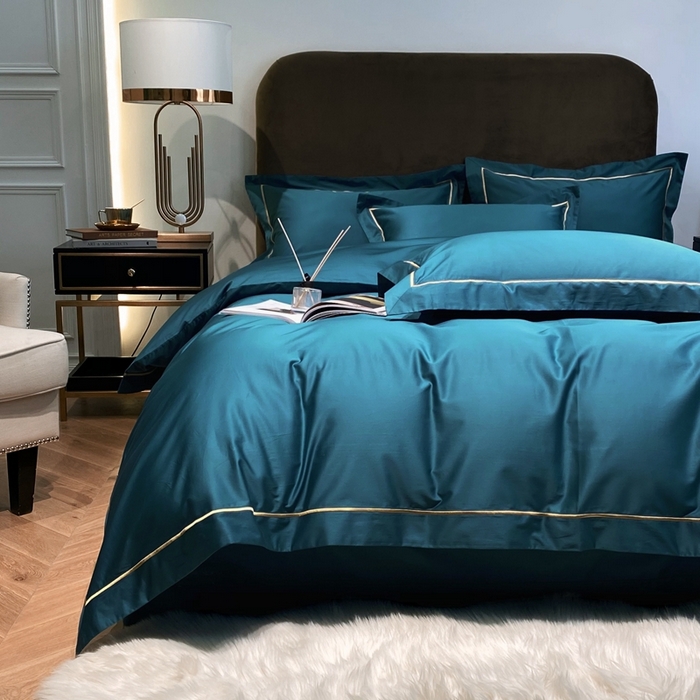 91家纺网 家纺一手货源 找家纺 南泉坊 2025新款50支纯棉贡缎四件套 湖蓝