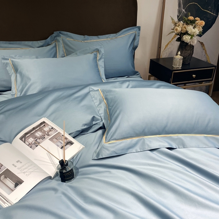 91家纺网 家纺一手货源 找家纺 南泉坊 2025新款50支纯棉贡缎四件套 灰蓝