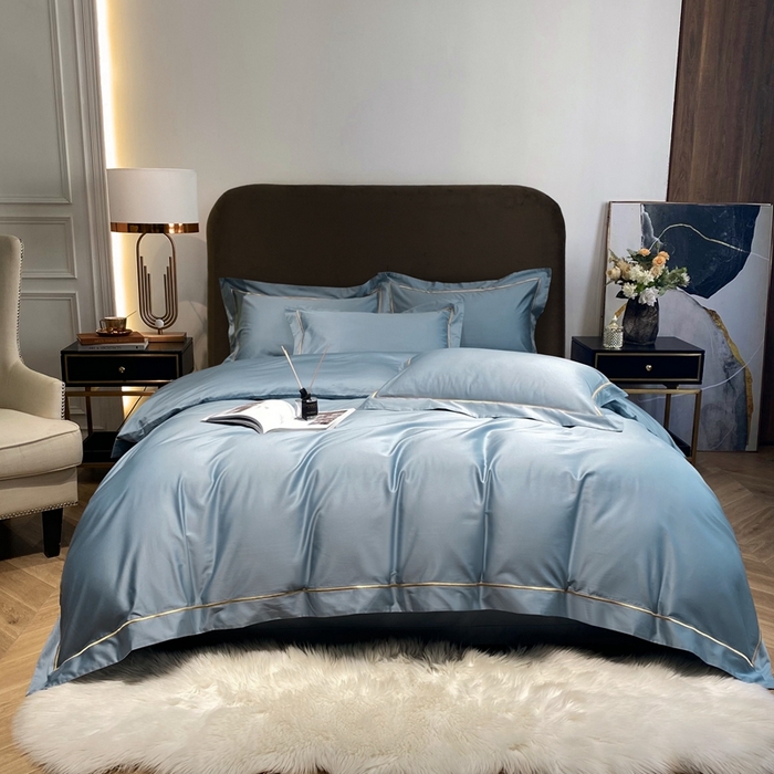 南泉坊 2025新款50支纯棉贡缎四件套 灰蓝