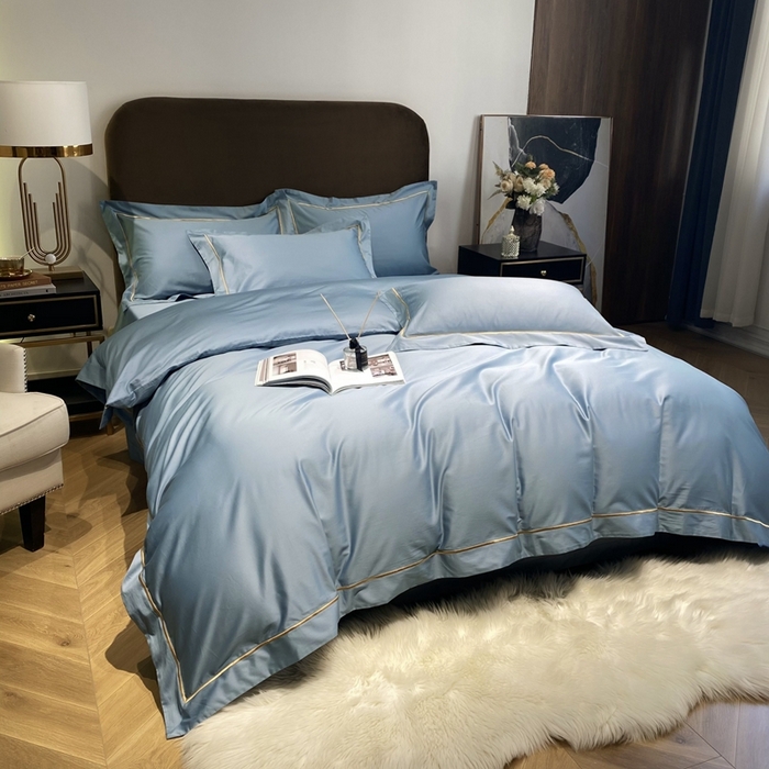 91家纺网 家纺一手货源 找家纺 南泉坊 2025新款50支纯棉贡缎四件套 灰蓝